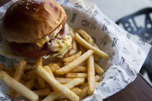 Grease Monkey's Dirty Bird Burger–- on Tuesdays if you buy one, you get a drink free.