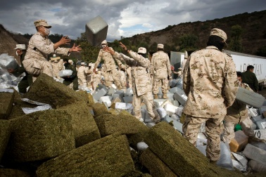 Soldiers gathering bales of marijuana