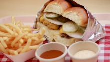 Snack-sized cheeseburgers and fries.