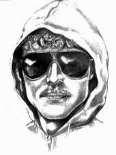 A pencil sketch of a man wearing a hood and sunglasses, with a mustache.