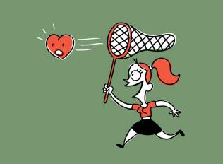 A cartoon of a girl chasing a heart with a butterfly catcher