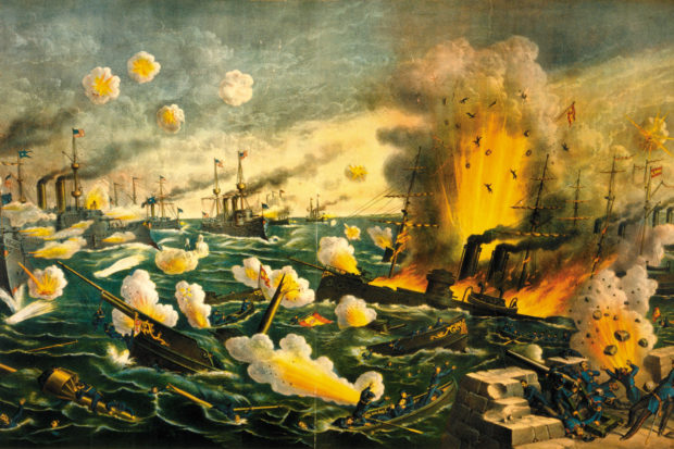 ‘The Great Naval Battle Off Cavite (Manila Bay),’ in which the US squadron led by Commodore George Dewey defeated the Spanish fleet in the first major engagement of the Spanish-American War, May 1, 1898