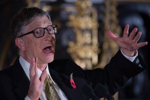 Bill Gates answers questions after giving a lecture on international aid to parliamentarians and guests in the Robing Room of the House of Lords in the Palace of Westminster, London