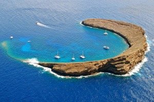 An aerial view of Molokini Island.