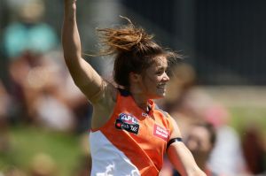 GWS player Stephanie Walker celebrates a goal during the AFLW round three match between the Giants and Fremantle Dockers ...