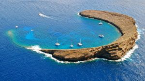 An aerial view of Molokini Island.
