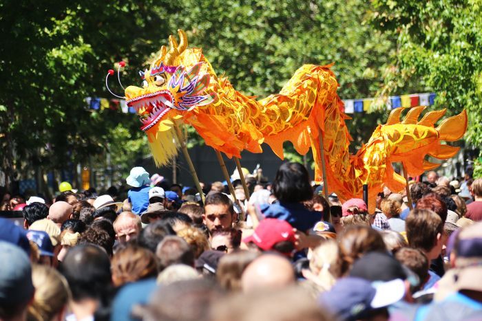 A brightly coloured dragon puppet on sticks weaves above the heads of a crwod.