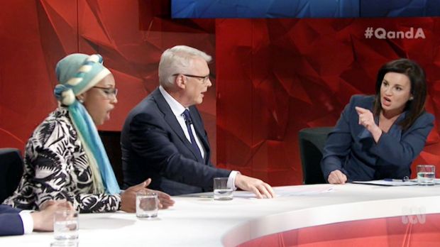 Panellist Yassmin Abdel-Magied, host Tony Jones and Tasmanian senator Jacqui Lambie on Q&A on Monday night.