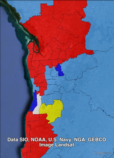 Results of the 2014 election in Adelaide. Labor seats in red, Liberal seats in blue, independent seats in yellow, undecided seats in white. Seats won by the Liberal Party off the ALP in dark blue.