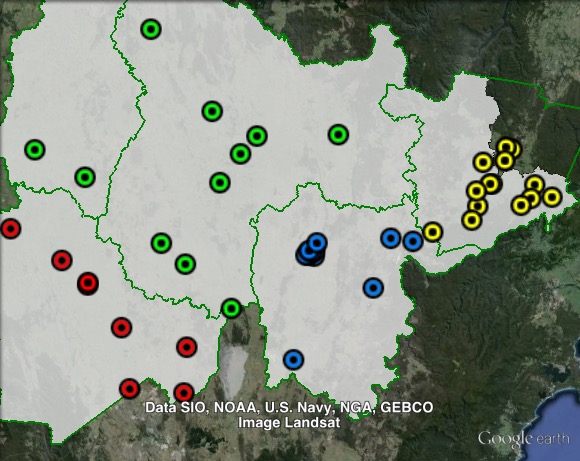 Polling places in Goulburn at the 2015 NSW state election. Goulburn in blue, North-West in green, Southern Highlands in yellow, Yass Valley in red. Click to enlarge.