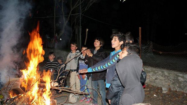 Child refugees at a camp in Serres, northern Greece.