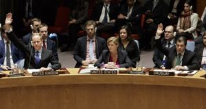 The UN Security Council vote to pass a resolution condemning Israeli settlement construction as Samantha Power, centre, the US' permanent representative, abstains on December 23 [EPA]