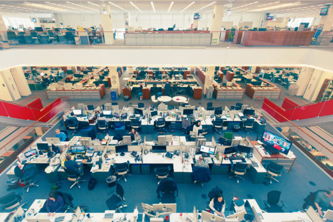 With its open floor plan, the third-story newsroom is home to much of the Times’ vast reporting operation.