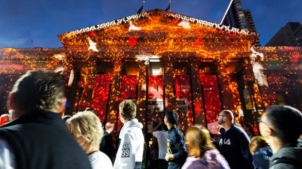 Melbournians gaze up at The Night Garden projected onto the State Library during the fifth annual White Night.