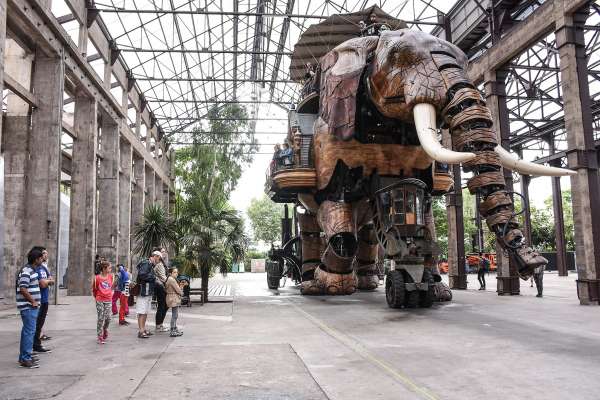 The Great Elephant, one of the giant, mechanized animals on the Island of Nantes in the Loire River alongside Nantes city.