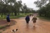 people and a dog walking through floodwaters.