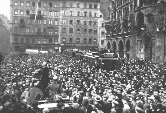 A large crowd gathers in front of the Rathaus to hear the exhortations of Julius Streicher during the Beer Hall Putsch, Hitler's early unsuccessful attempt to seize power. Munich, Germany, November 1923.