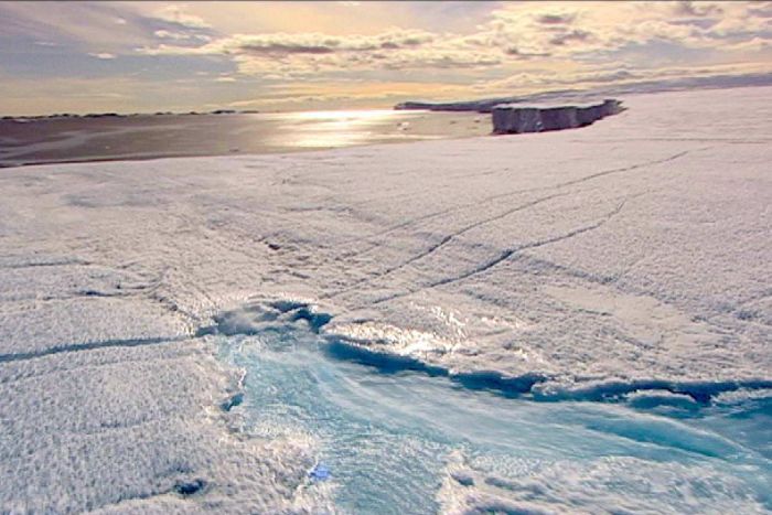 Meltwater runs into a fissure on the Sorsdal Glacier, 2010