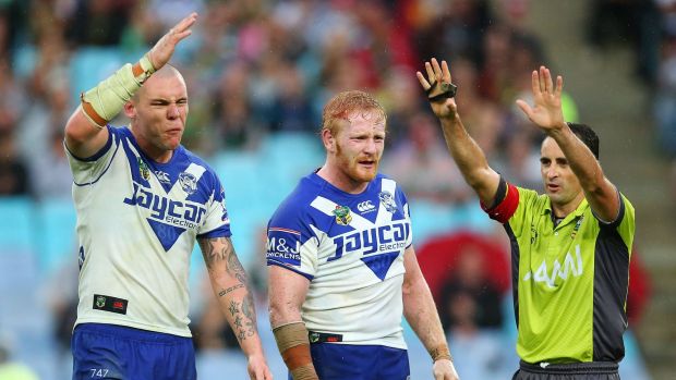 Marching orders: David Klemmer of the Bulldogs reacts after being sent to the sin bin for dissent in a Bulldogs clash ...