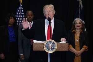 President Donald Trump speaks after touring of the National Museum of African American History and Culture, Tuesday, Feb. 21, 2017, in Washington.