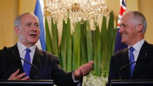 Israeli Prime Minister Benjamin Netanyahu, left, with Australian Prime Minister Malcolm Turnbull during their joint ...