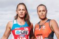 NSW Swifts captain Abbey McCulloch with Sydney Giants Netball captain Kimberlee Green. 