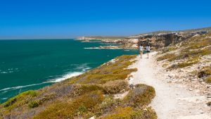 Views along the South Australian coastline on the Yorke Peninsula, with two women on walking trail