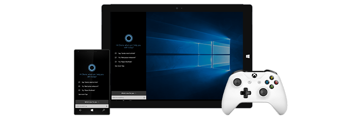 Image of the latest Windows 10 API for Cortana and other tooling running across UWP devices, including a Surface, Xbox, and Phone