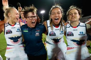 MELBOURNE, AUSTRALIA - FEBRUARY 10: Bec Goddard, Senior Coach of the Crows sings the team song during the 2017 AFLW ...