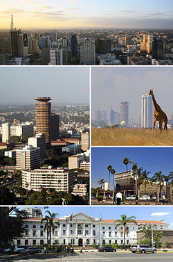 Clockwise from top: Central business district, Nairobi National Park, Parliament of Kenya, Nairobi City Hall and the Kenyatta International Conference Centre.