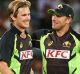 Adam Zampa is congratulated by teammate Aaron Finch after Zampa got the wicket of Dasun Shanaka.