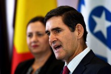 Queensland Speaker of the Parliament Peter Wellington, flanked by Premier Annastacia Palaszczuk