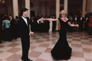 The dress Diana wore while dancing with John Travolta at the White House is among those on display (AP: Ronald Reagan Library)