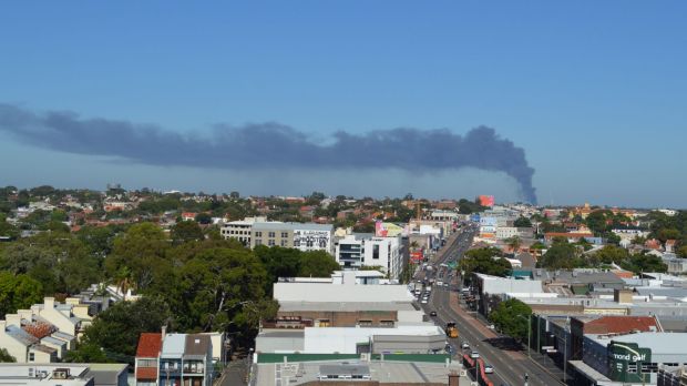 Smoke from the Chullora factory fire in western Sydney, as seen from Camperdown.