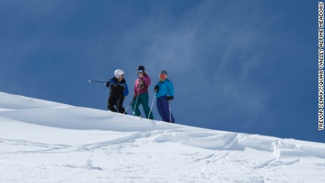 Francine Bne, Haz Nabolsi, Lynn Douglass, Kent Jon Carlson, Patty Northrop, Lamar Parker, Celestine H. Fournier and Mo Nailbot skiing with Women of Winter and Vintage Squaw at Squaw Valley in Olympic Valley, California.