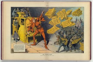 L.M. Slackens: The Yellow Press, showing William Randolph Hearst as a jester handing out newspapers, published by Keppler and Schwarzmann, October 12, 1910 (Library of Congress)