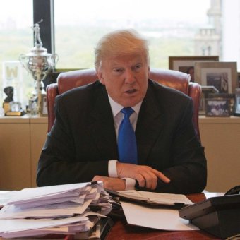 Republican presidential candidate Donald Trump speaks during an interview in his office at Trump Tower in New York.