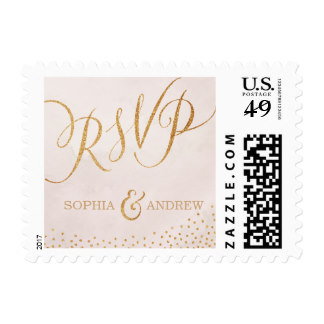 Modern glam blush rose gold calligraphy RSVP Postage