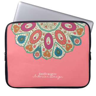 Coral Pink Hand Drawn Henna Circle Pattern Design Laptop Sleeve