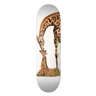 Giraffe and baby calf kissing skateboard deck