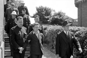 Escapees Darcy Dugan (front) and Harry Mitchell appear at Burwood Court on 18 March 1946, following their recapture ...