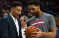 Frustrating times: Ben Simmons, pictured with Jahlil Okafor prior to an NBA basketball game against the Toronto Raptors ...