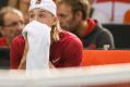 Denis Shapovalov of Canada reacts to hitting chair umpire Arnaud Gabas in the eye.