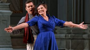 Teodor Ilinci as Cavaradossi and Ainhoa Arteta as Tosca in Opera Australia's production of <i>Tosca</i>.