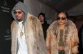 Chris Brown (L) and Karrueche Tran are seen during Mercedes-Benz Fashion Week Fall 2015 at Lincoln Center for the ...