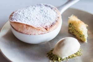 Turkish delight souffle with pistachio baklava and halva ice-cream.