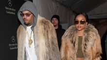 Chris Brown (L) and Karrueche Tran are seen during Mercedes-Benz Fashion Week Fall 2015 at Lincoln Center for the ...