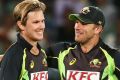 Adam Zampa is congratulated by teammate Aaron Finch after Zampa got the wicket of Dasun Shanaka.