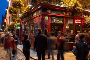 Dublin famed Temple Bar pub district at night.