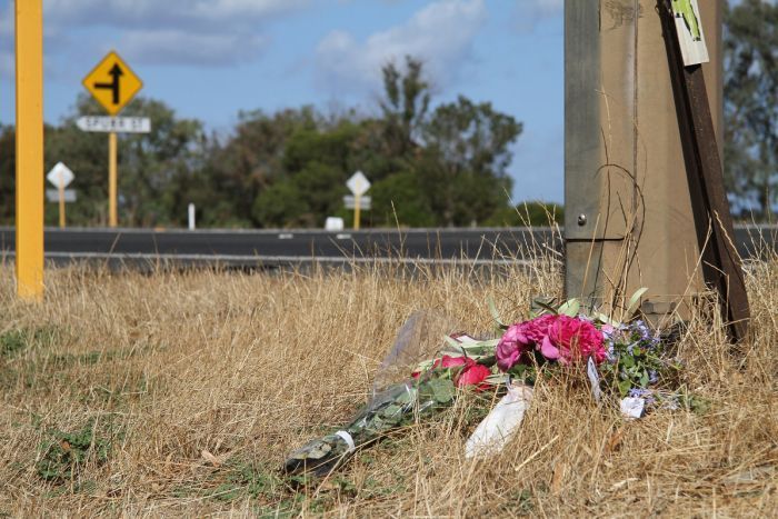 A bunch of wilted flowers sits next to a power pole in grass on the side of a highway.